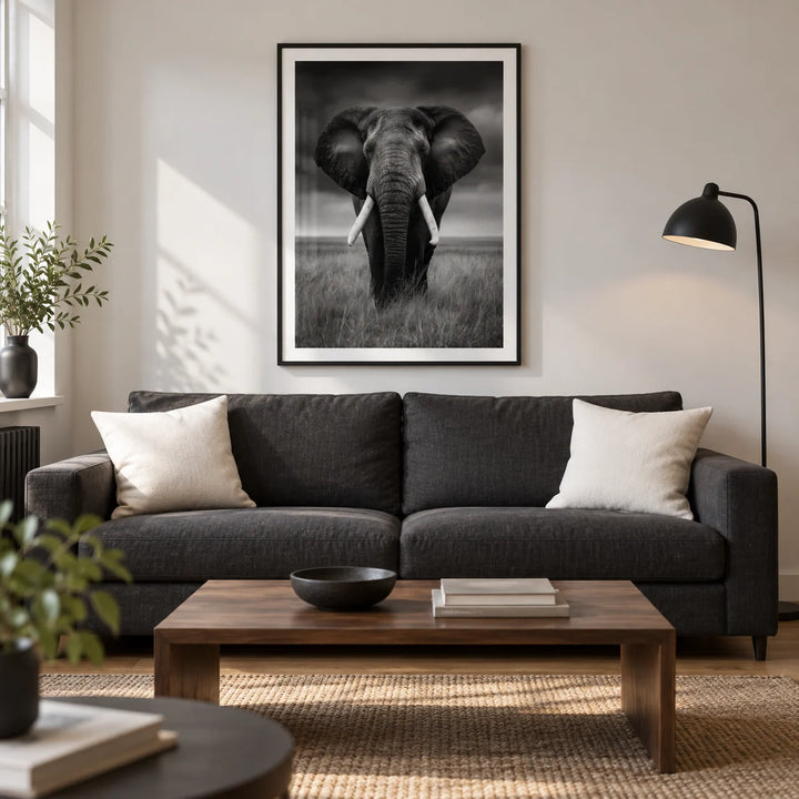 Black And White Elephant Print, framed on the wall of a contemporary living room in a UK terraced house with a soft white wall and warm oak floor
