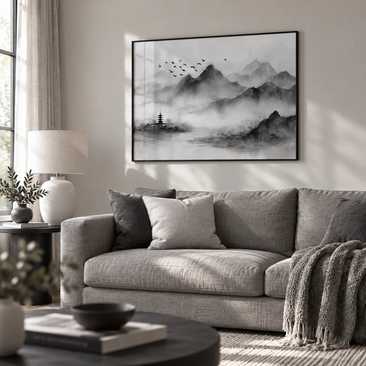 Black and White Landscape Print, framed on the wall of a calm monochrome living room