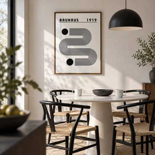Black and White Minimalist Art, framed on the wall of a crisp modern dining nook