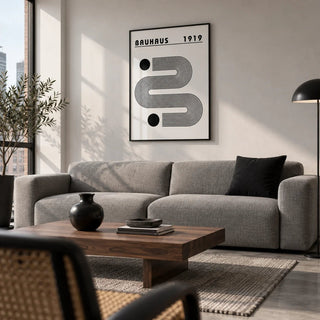 Black and White Minimalist Art, framed on the wall of a modern city apartment living room