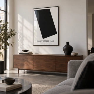 Black and White Office Wall Art, framed on the wall of a design-led city flat living room with a white wall and a polished concrete floor