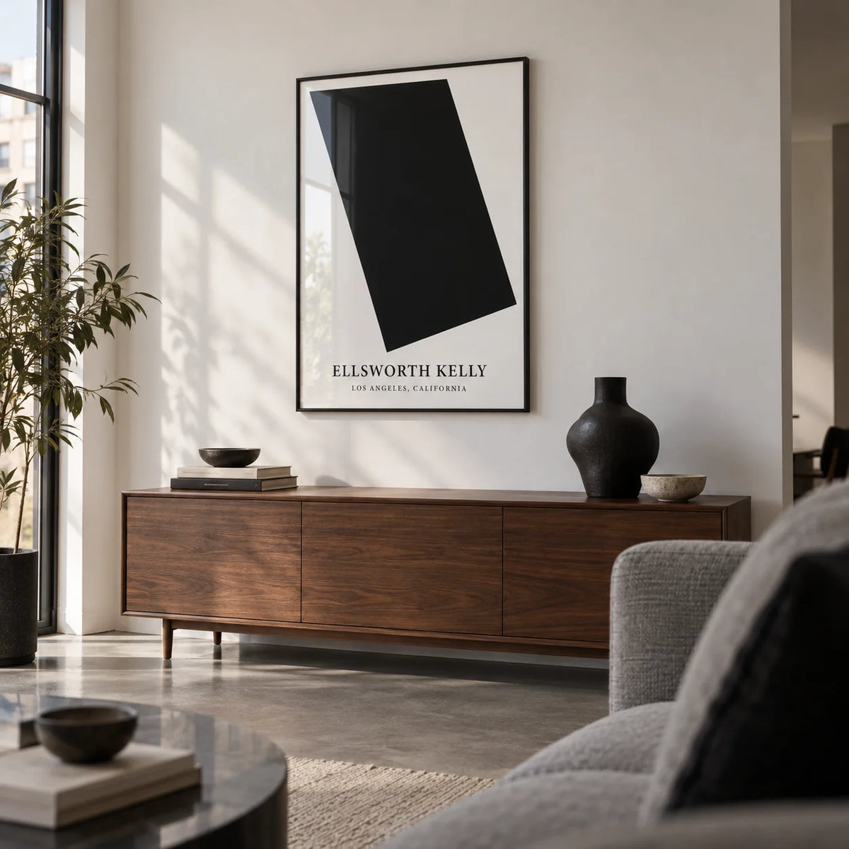 Black and White Office Wall Art, framed on the wall of a design-led city flat living room with a white wall and a polished concrete floor