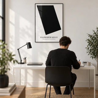 Black and White Office Wall Art, framed on the wall of a minimal home office with a white wall and a light oak floor