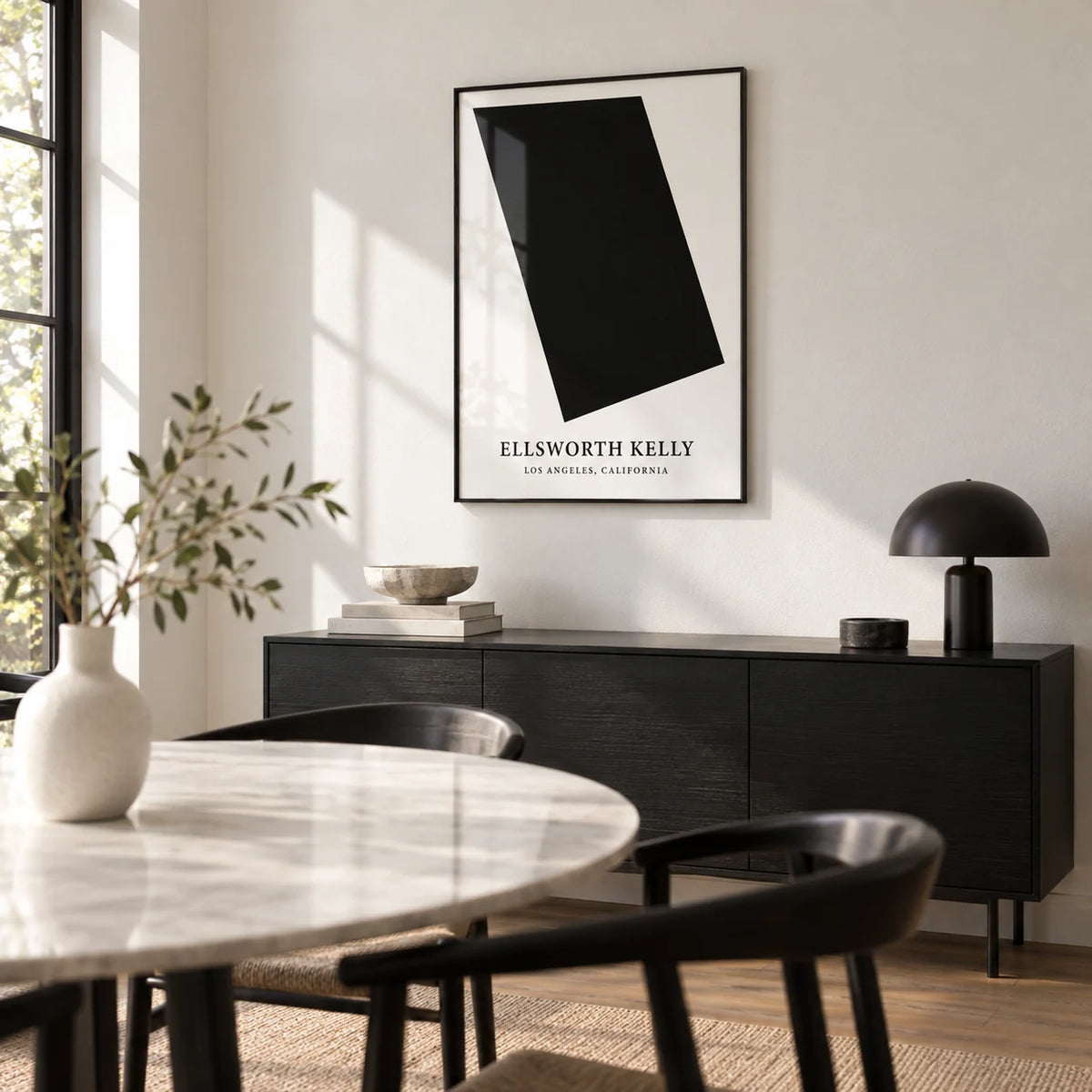 Black and White Office Wall Art, framed on the wall of a modern dining room with a white wall