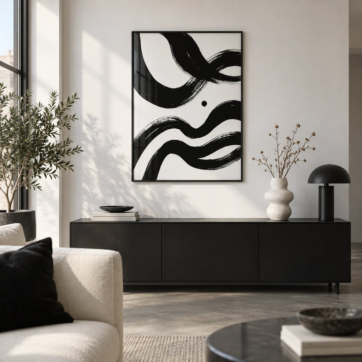 Black And White Paintings Abstract, framed on the wall of a design-led city flat living room with a white wall and a polished concrete floor