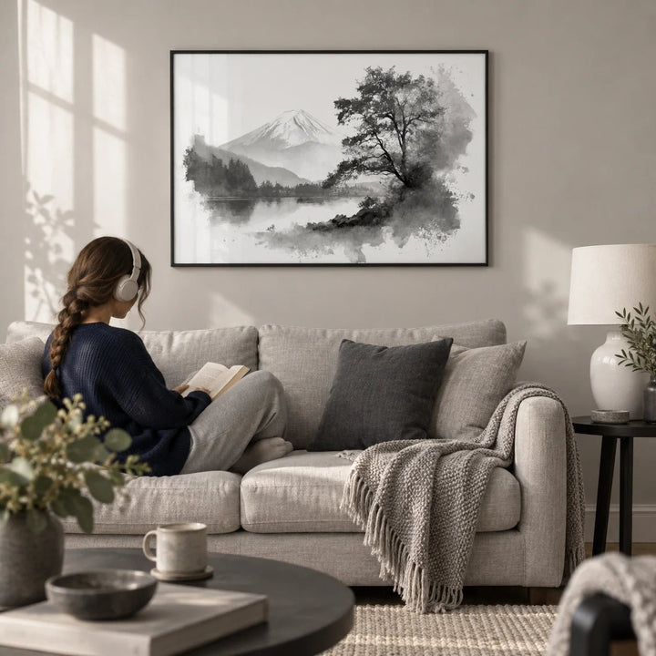 Black And White Print, framed on the wall of a calm monochrome living room