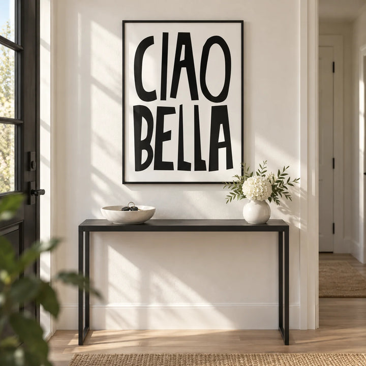 Black and White Typography Poster, framed on the wall of a crisp modern hallway by the front door