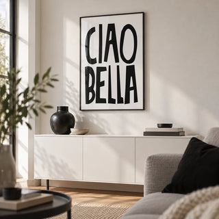 Black and White Typography Poster, framed on the wall of a modern living room