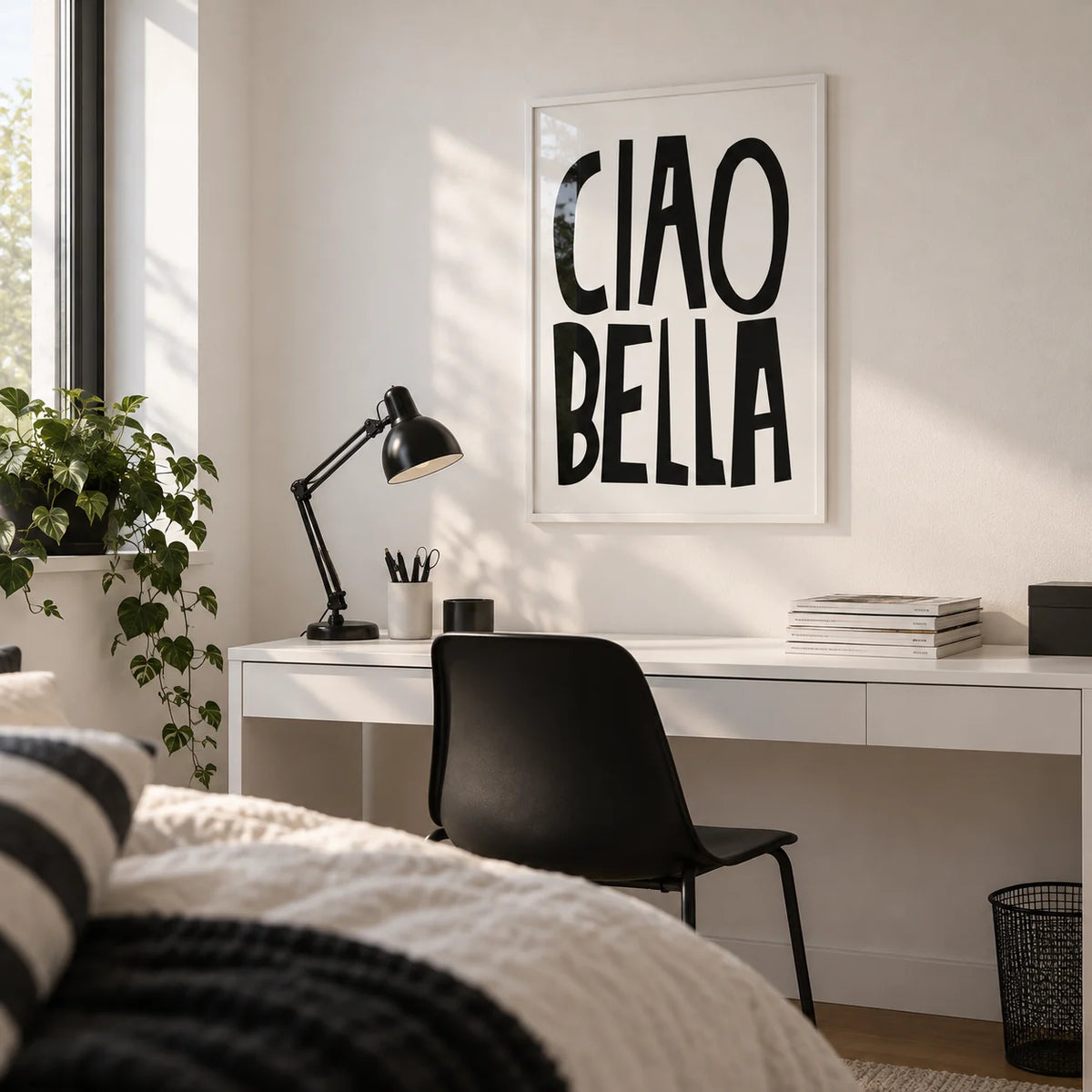Black and White Typography Poster, framed on the wall of a tidy teenage bedroom for a 16 year old
