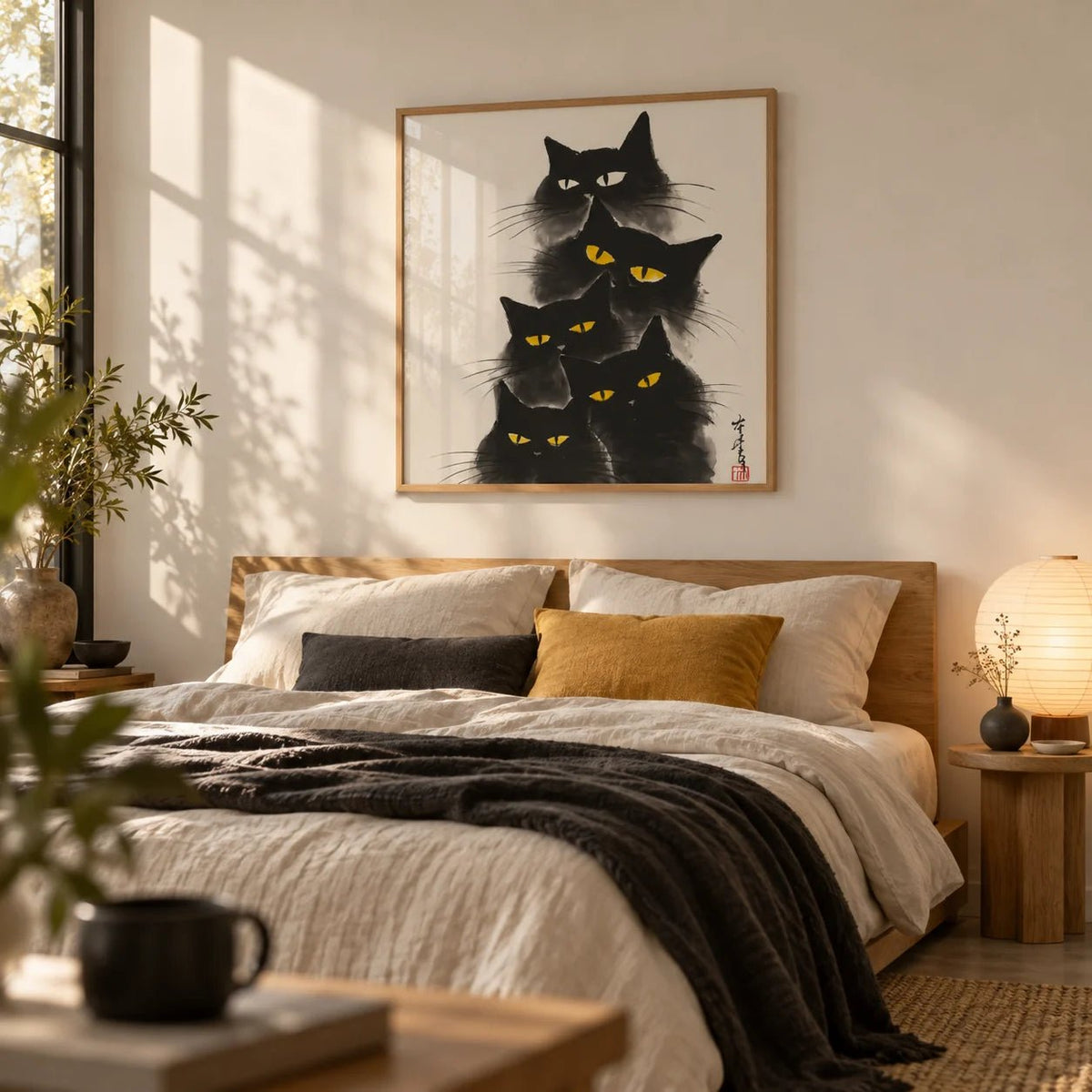 Black Cat Poster, framed on the wall of a calm bedroom