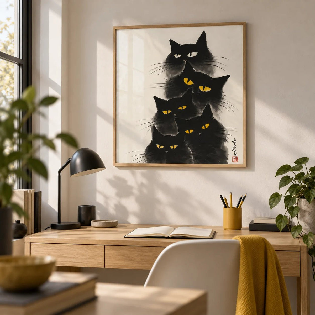 Black Cat Poster, framed on the wall of a quiet home study
