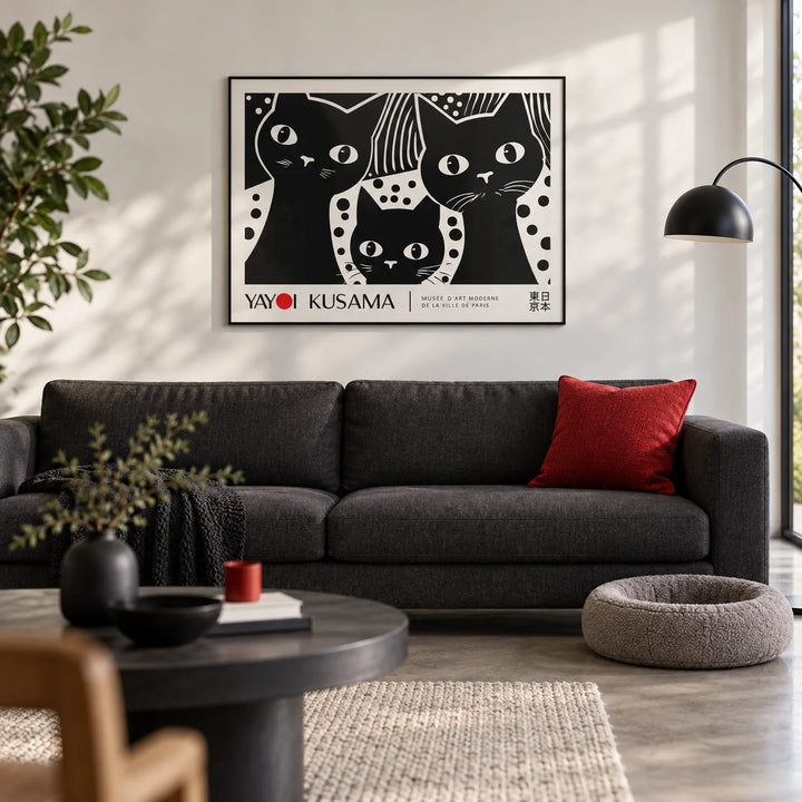 Black Cat Wall Art, framed on the wall of a design-led living room with a white wall and a polished concrete floor