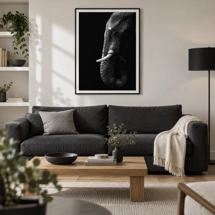 Black Elephant Wall Art, framed on the wall of a contemporary living room in a UK terraced home with a soft white wall