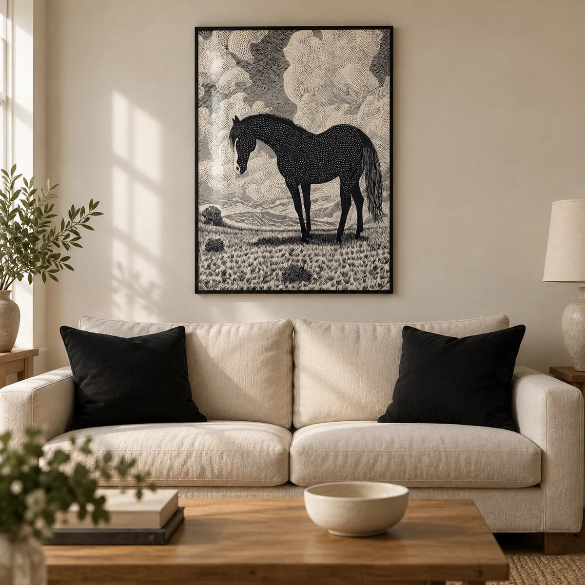 Black Horse Art Print, framed on the wall of a contemporary living room in a UK terraced house with warm white walls and oak floorboards