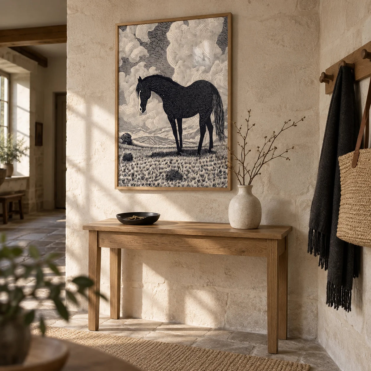Black Horse Art Print, framed on the wall of a welcoming hallway in a renovated UK country house with pale stone walls and a flagstone floor