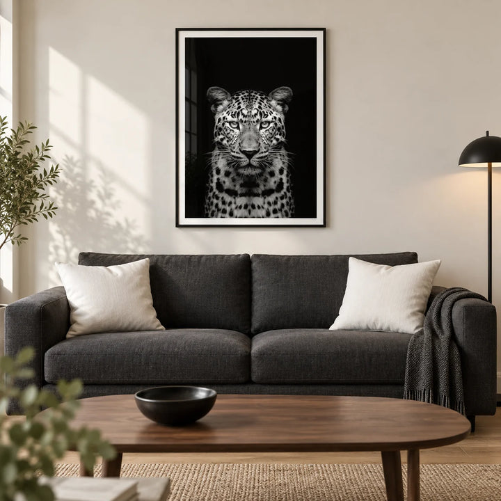 Black Leopard Art Print, framed on the wall of a modern living room in a UK city flat with a warm white wall and oak floor