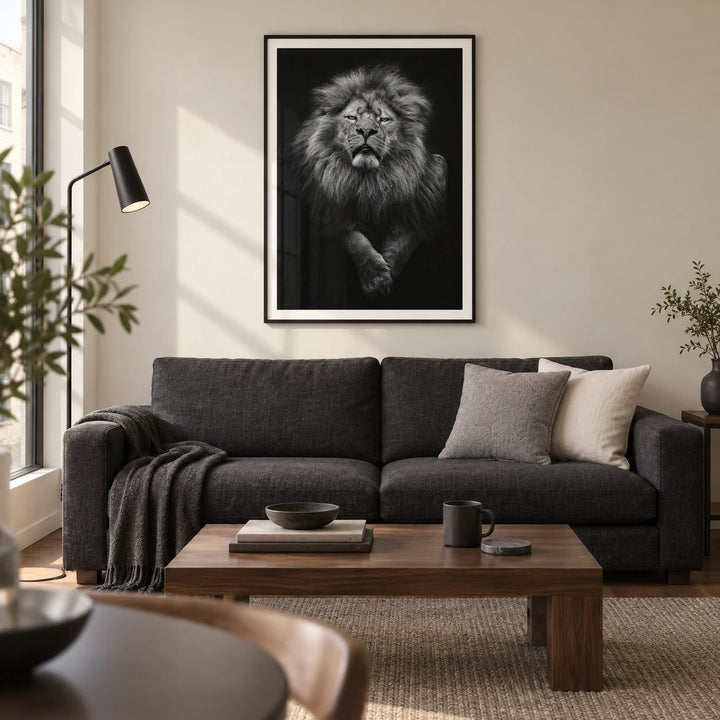 Black Lion Art Print, framed on the wall of a contemporary living room in a UK city flat with a warm white wall and walnut floor