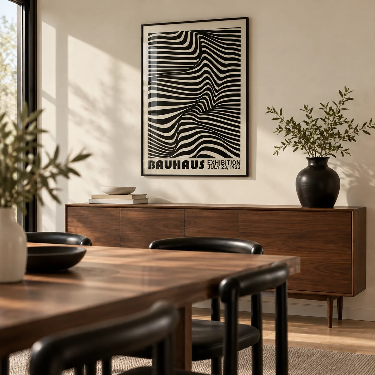 Black Minimalist Wall Art, framed on the wall of a modern dining room with a cream wall