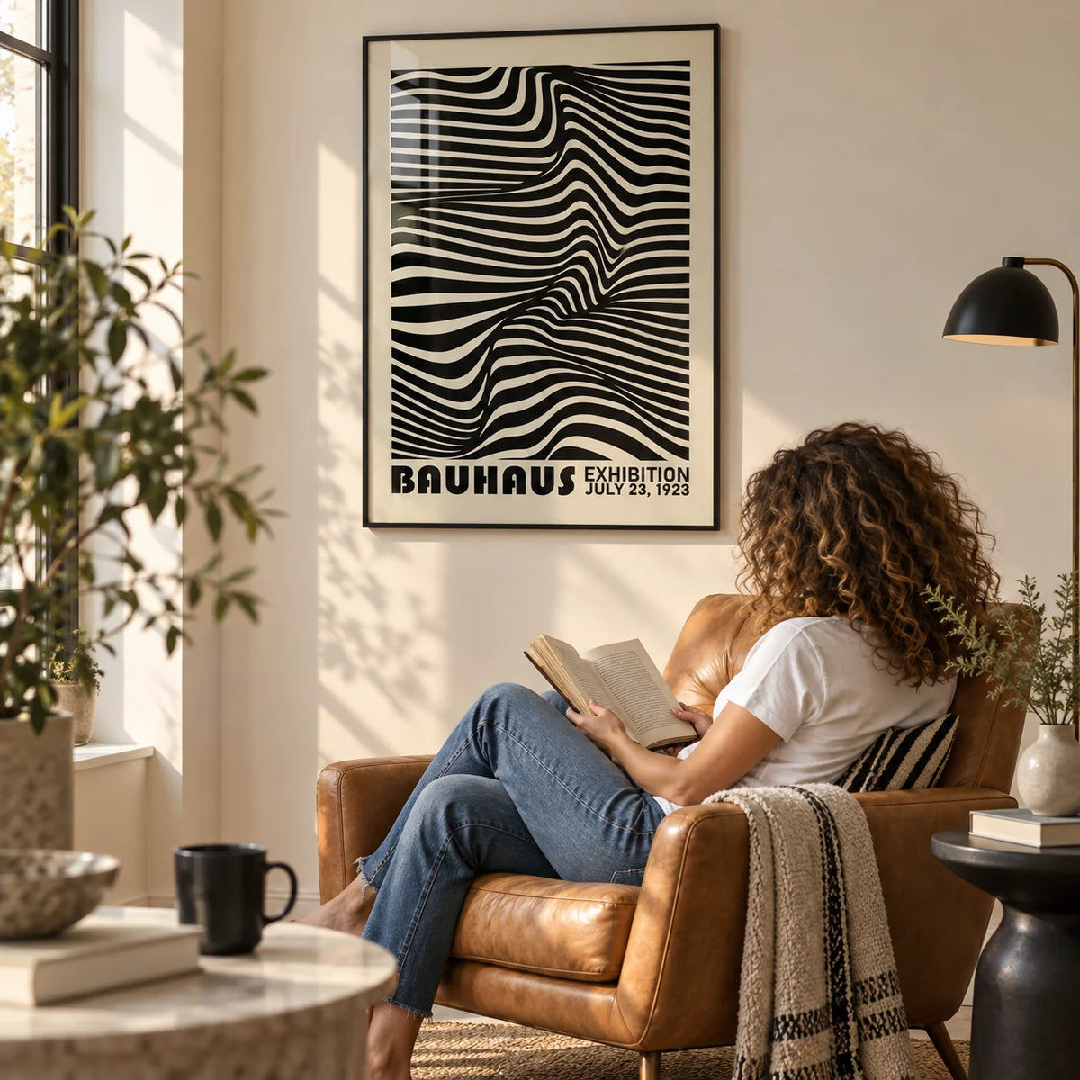 Black Minimalist Wall Art, framed on the wall of a modern reading spot with a cream wall in a living room