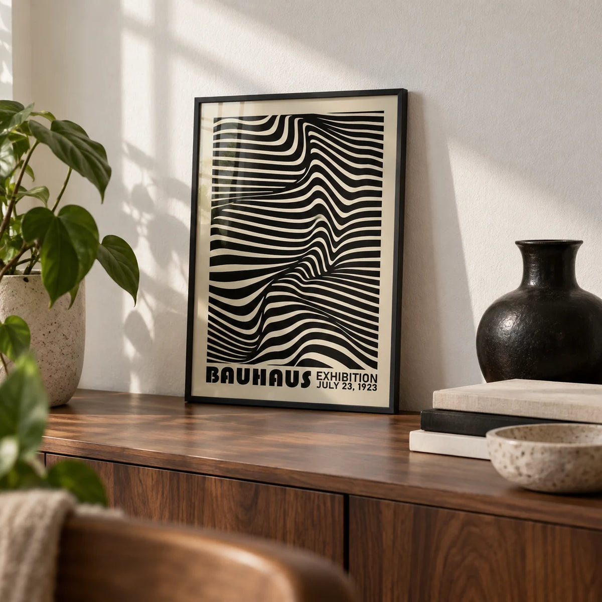 Black Minimalist Wall Art, a small A4 framed print leaning on a walnut shelf in a living room