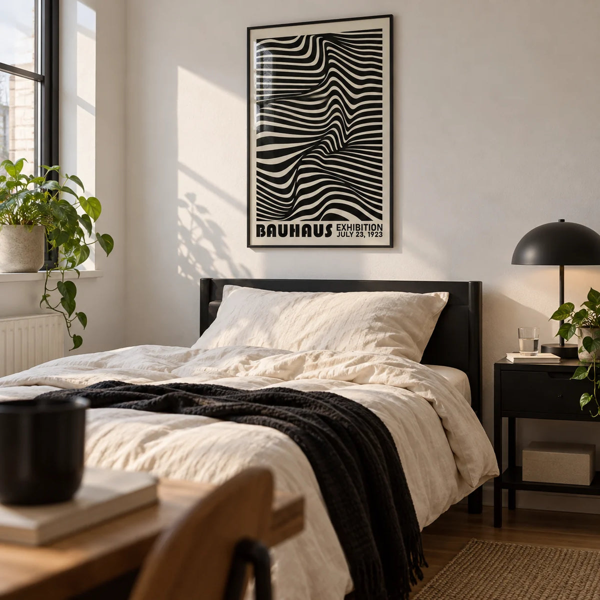 Black Minimalist Wall Art, framed on the wall of a young adult's bedroom in a first flat (22-28) with a white wall