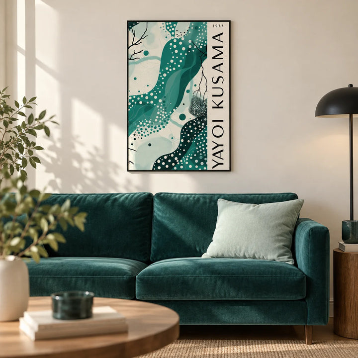 Black White and Green Poster, framed on the wall of a modern living room with a warm white wall