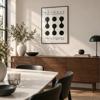 Black White Geometric Art, framed on the wall of a crisp dining room
