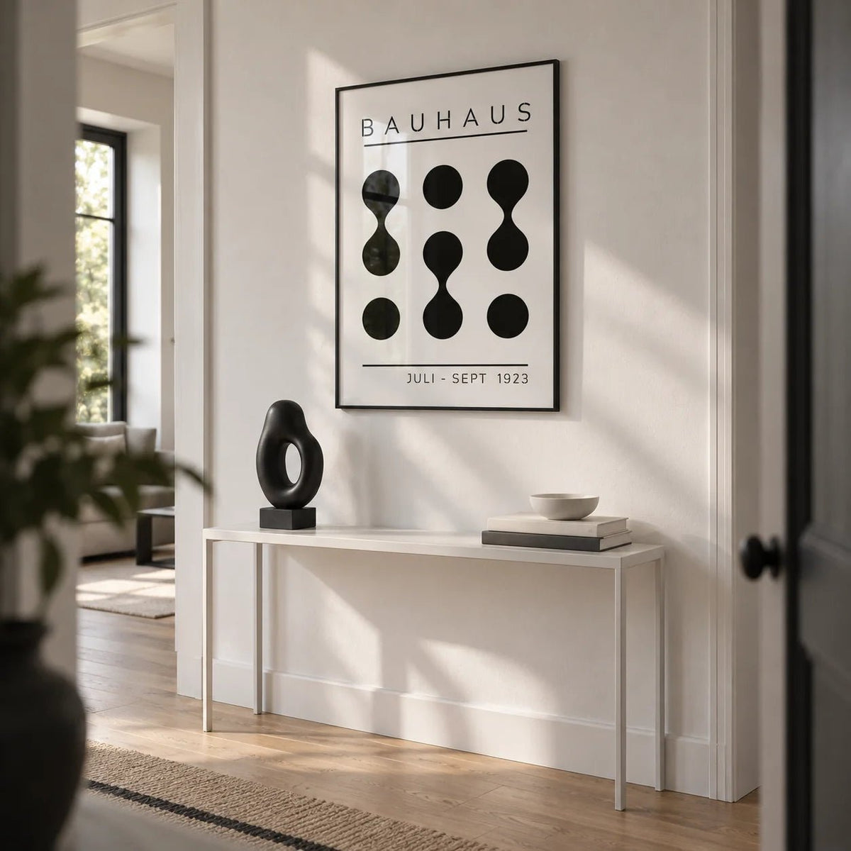Black White Geometric Art, framed on the wall of a modern hallway