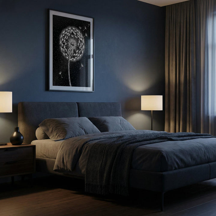 Dandelion Poster framed print in a dark bedroom with grey bedding and bedside lamps