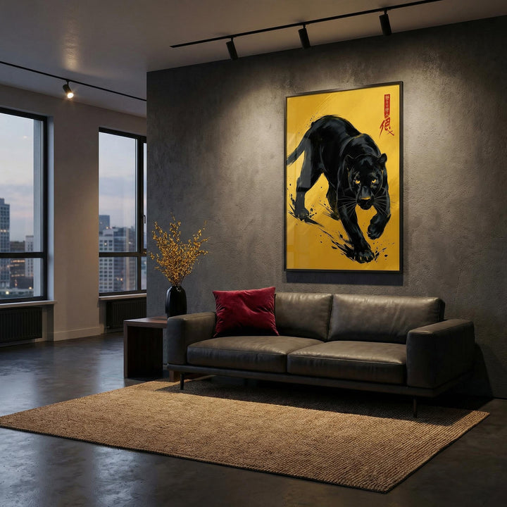 Modern living room with a black leather sofa, red pillow, and a large framed artwork of a black panther on a yellow background.