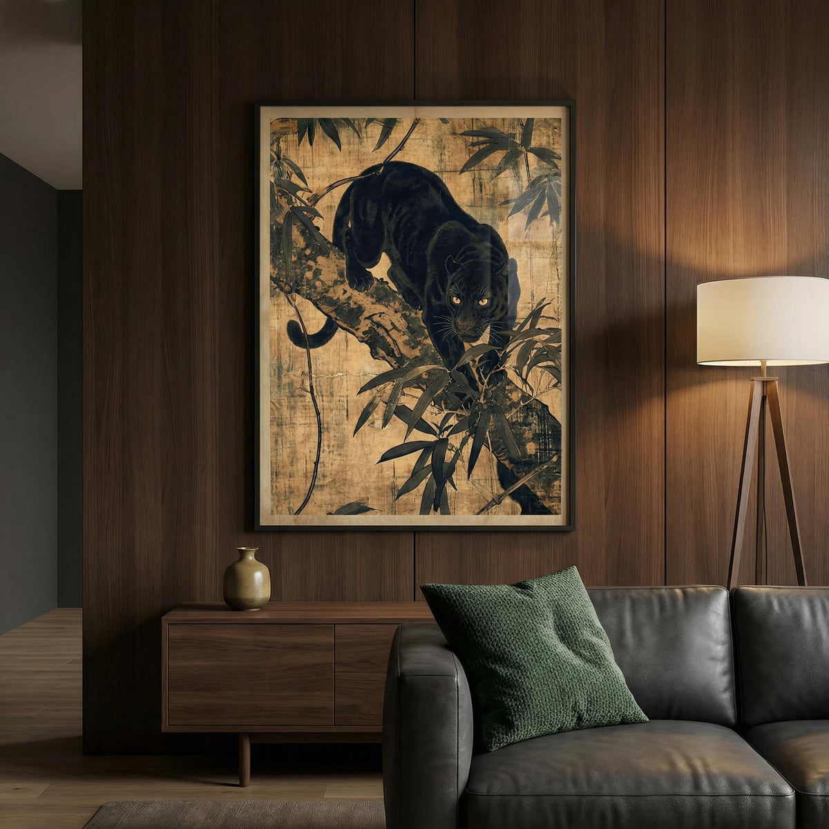 Jungle wall art of a black panther in japanese ink style above a wooden sideboard with a vase in a living room