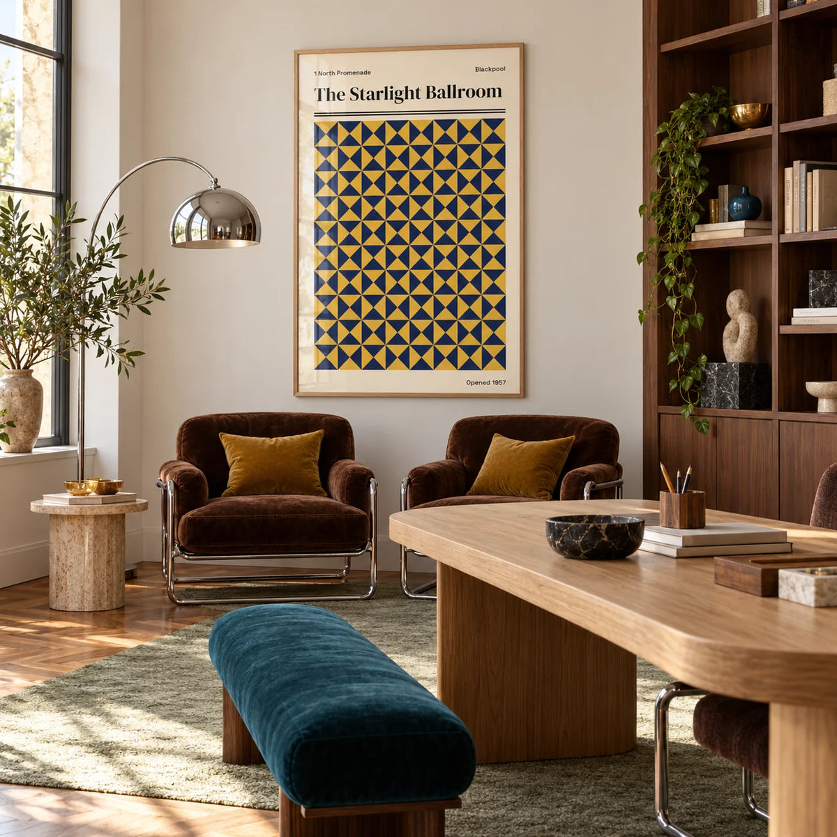 Blackpool Print, framed on the wall of a calm design studio office with a pale wall