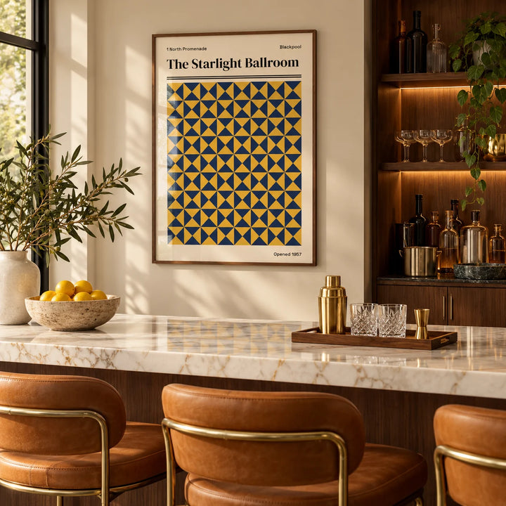 Blackpool Print, framed on the wall of a stylish home bar in a living room