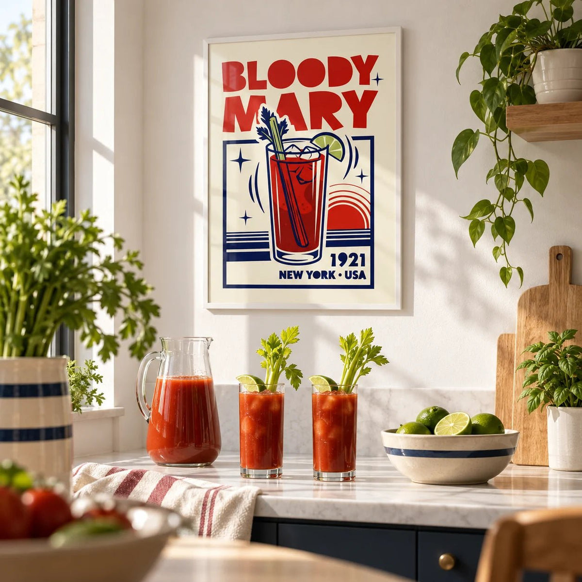 Bloody Mary Poster, framed on the wall of a bright kitchen set for brunch