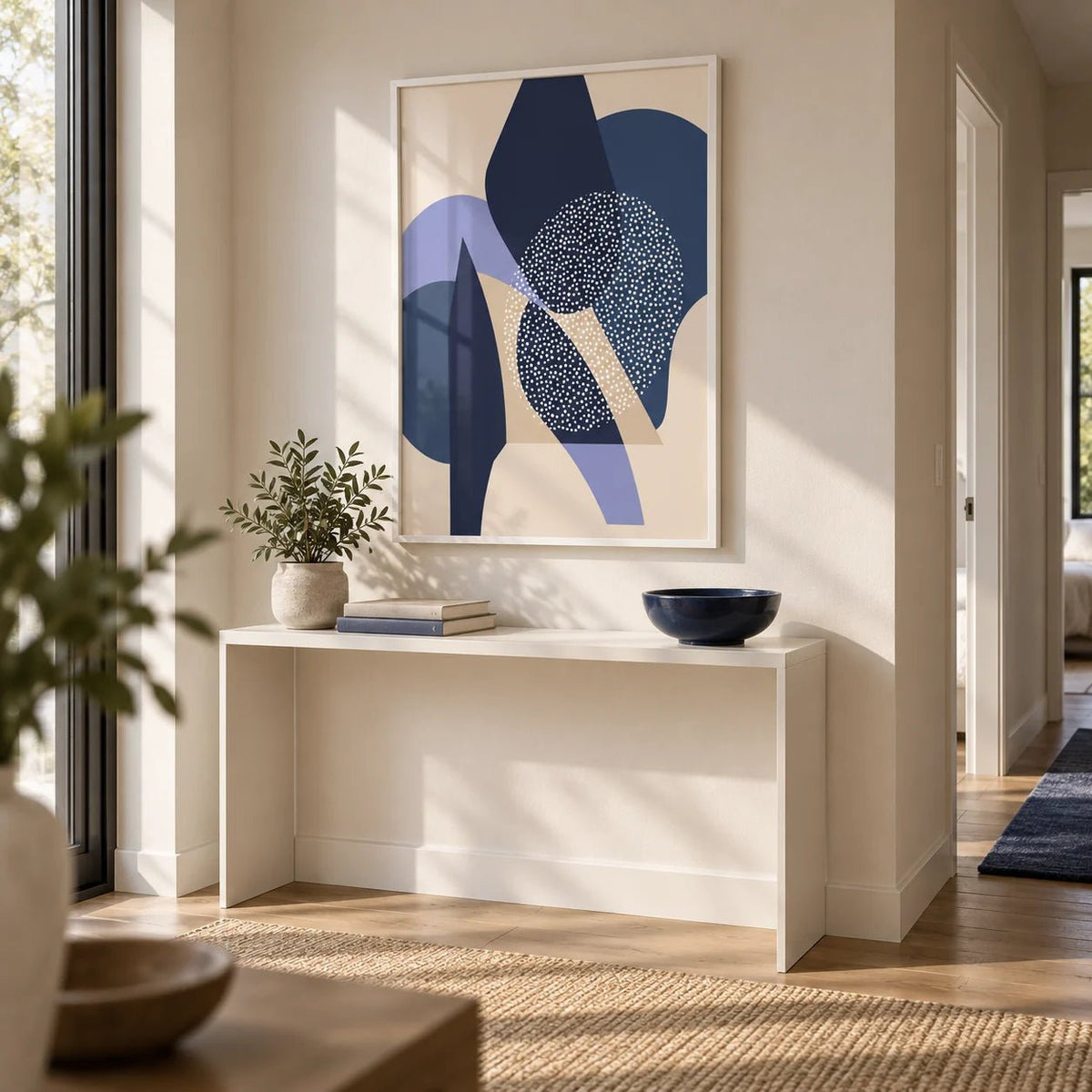 Blue Abstract Print, framed on the wall of a calm hallway