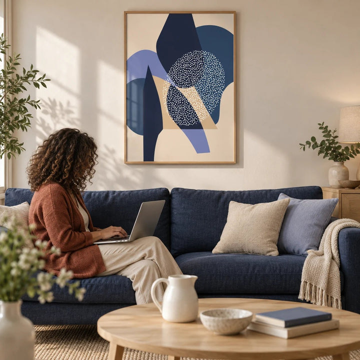 Blue Abstract Print, framed on the wall of a calm living room