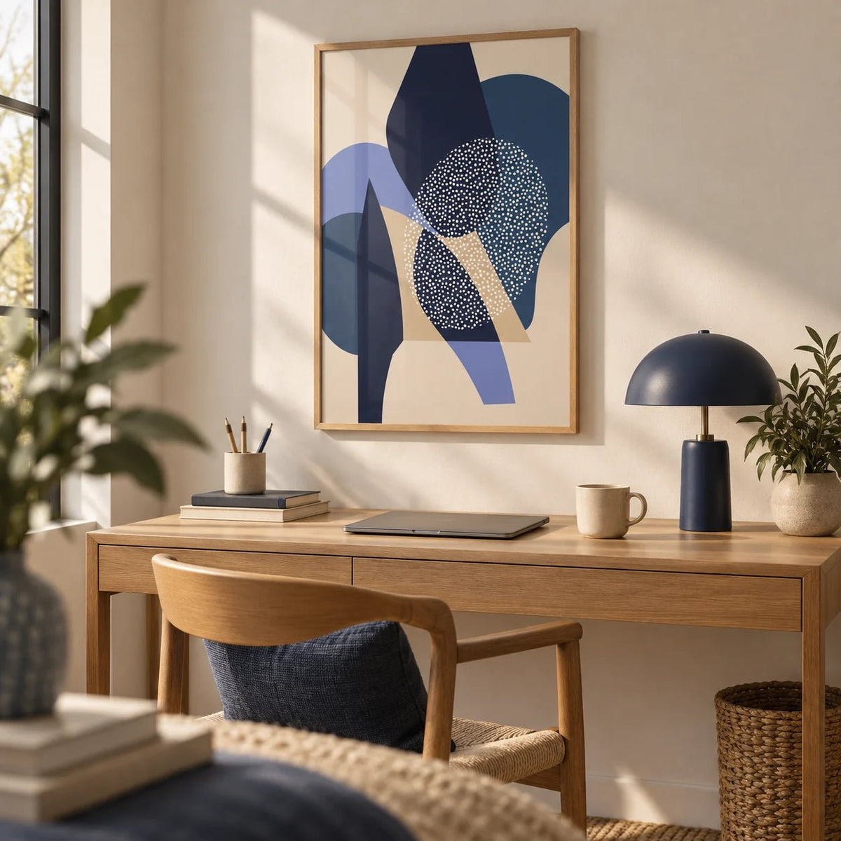 Blue Abstract Print, framed on the wall of a quiet home office