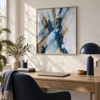 Blue Abstract Wall Art, framed on the wall of a calm home office with a white wall