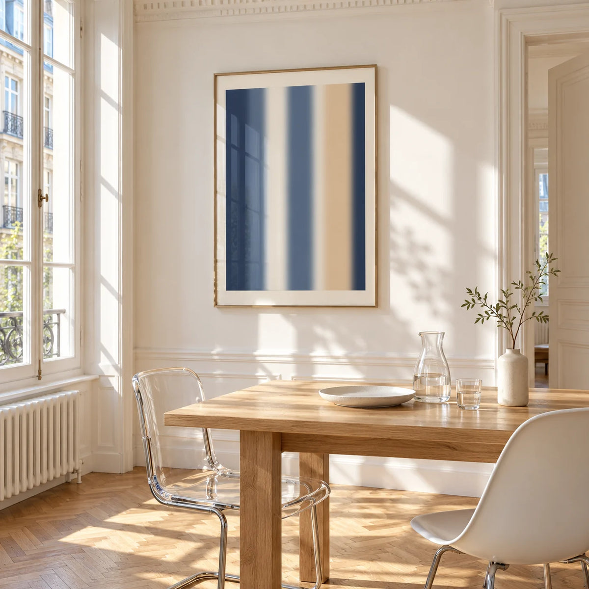 Blue and Cream Wall Art, framed on the wall of a bright dining corner