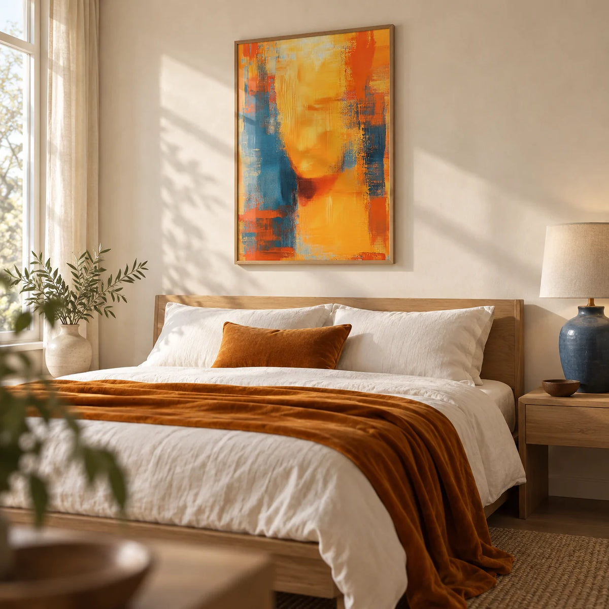 Blue and Orange Abstract Art, framed on the wall of a calm modern bedroom with a warm white limewashed wall