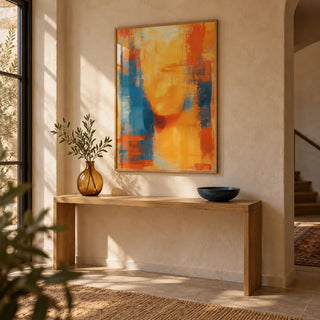 Blue and Orange Abstract Art, framed on the wall of a modern entryway with warm plaster walls
