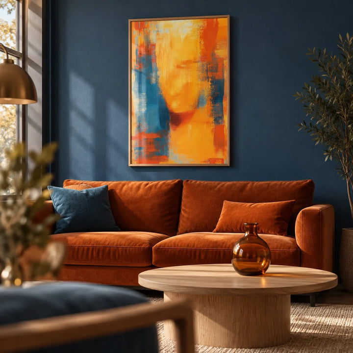 Blue and Orange Abstract Art, framed on the wall of a moody modern living room with a solid denim blue painted wall