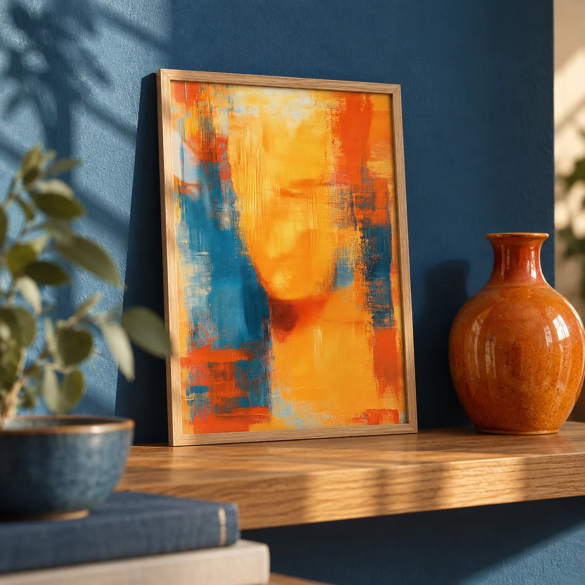 Blue and Orange Abstract Art, a small A4 framed print leaning on an oak shelf in a living room