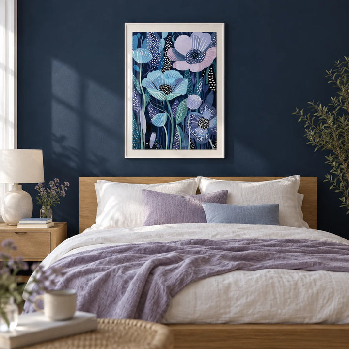 Blue and Purple Art, framed on the wall of a calm bedroom with a deep navy painted wall