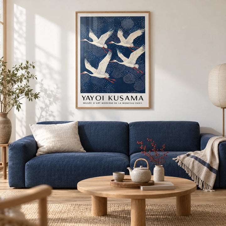 Blue and White Prints, framed on the wall of a calm Japandi living room with a soft white wall and a light oak floor