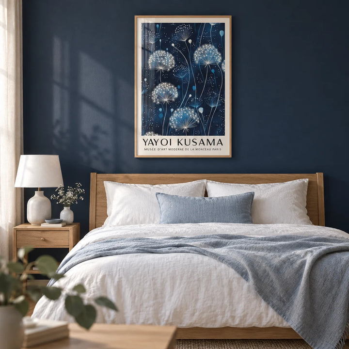 Blue and White Wall Art, framed on the wall of a calm bedroom with a deep navy painted wall