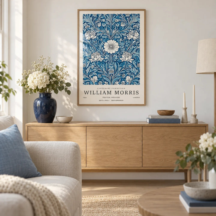 Blue Botanical Prints, framed on the wall of a calm living room with a soft white wall and a pale oak floor
