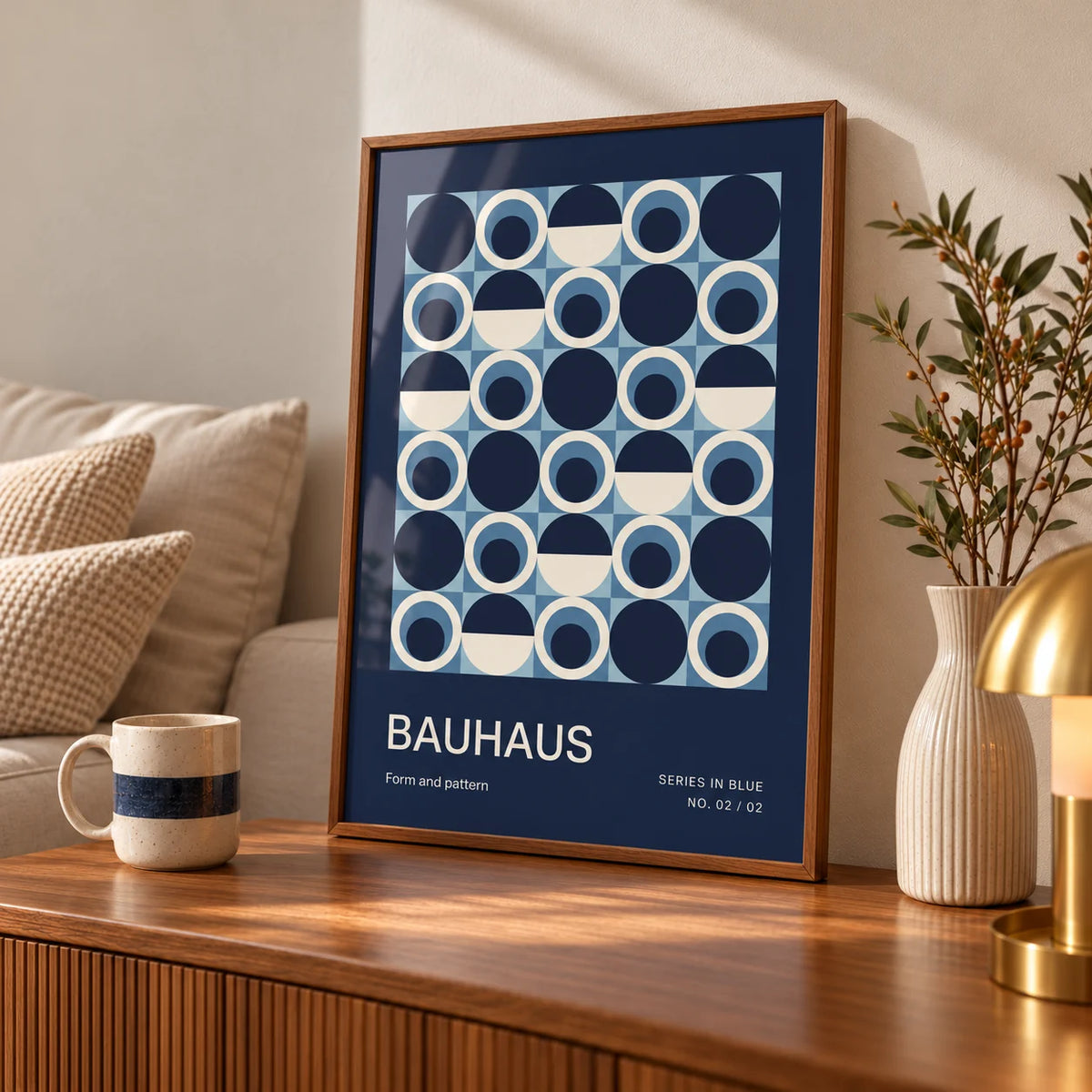 Blue Circles Wall Art, an A3 framed print leaning on a walnut sideboard in a living room
