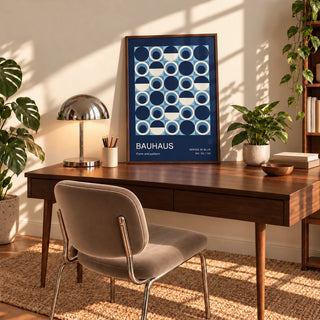 Blue Circles Wall Art, a framed print leaning on a walnut desk in a mid-century home office