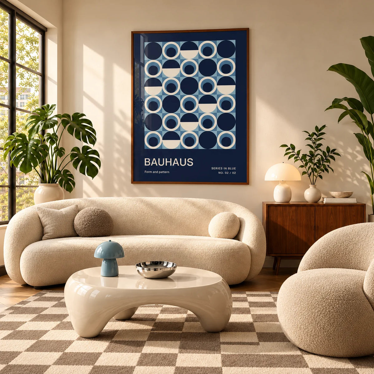 Blue Circles Wall Art, framed on the wall of a mid-century living room with a curved cream sofa